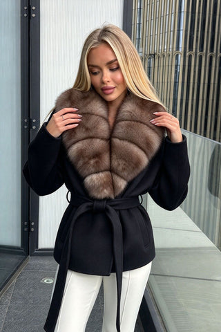 Plush Faux Fur Collar Belted Long-Sleeve Jacket