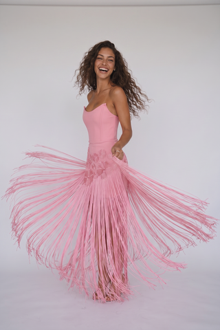 Strapless Floral Appliqué Fringe Long Dress with Bodycon Silhouette