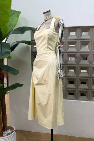 Halter Neck Midi Dress – Draped Waist & Open Back