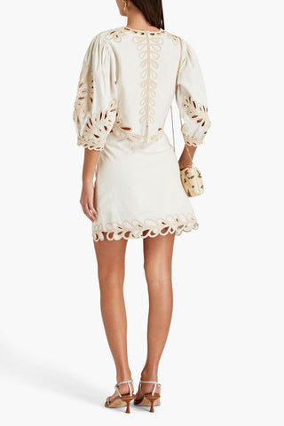 Leaf Embroidered Top & Mini Skirt Set – Scalloped Hem, Puff Sleeves & Matching Skirt