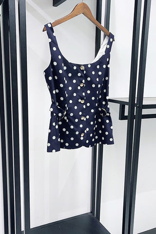 Polka Dot Top & Skort Set – Gold Button Detail, Side Buckle Accent & High-Waisted Skort