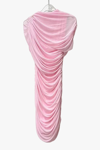 Ruched Mini Bodycon Dress with High Neck, Short Sleeves & Draped Overlay