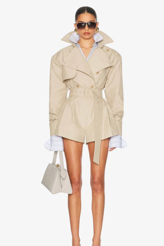 Belted Trench-Style Long Sleeve Romper with Pleated Shorts