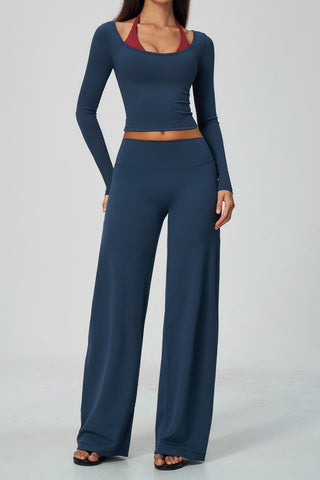 Scoop Neck Long Sleeve Top & Wide-Leg Pants Set