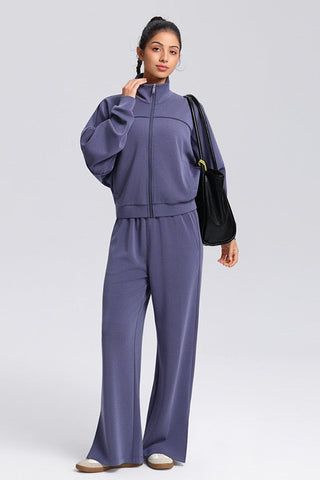 Relaxed Fit Zip-Up Jacket and Wide Leg Pants Set