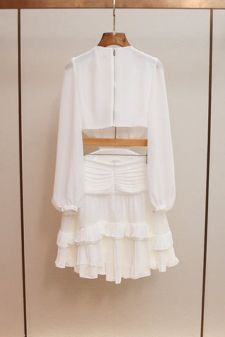 Chiffon Cut-Out Mini Dress – Long Sleeve Pleated Ruffle Dress