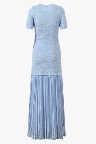 Pearl Embellished Knit Long Dress with Pleated Skirt – Short Sleeve
