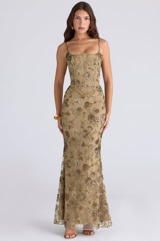 Floral Sequin Corset Long Dress – Spaghetti Strap Fitted Dress