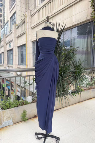 Strapless Ruched Long Dress with Lace-Up Back & High Slit
