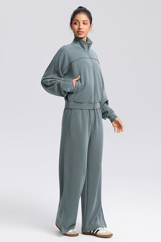 Relaxed Fit Zip-Up Jacket and Wide Leg Pants Set