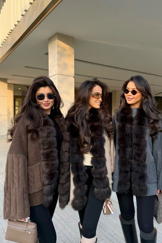 Faux Fur Trim Cable Knit Long Cardigan