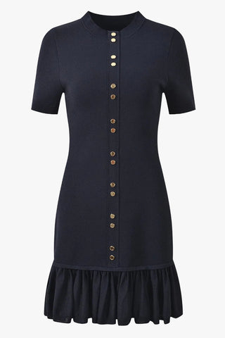 Gold Button Short Sleeve Fitted Mini Dress with Ruffle Hem