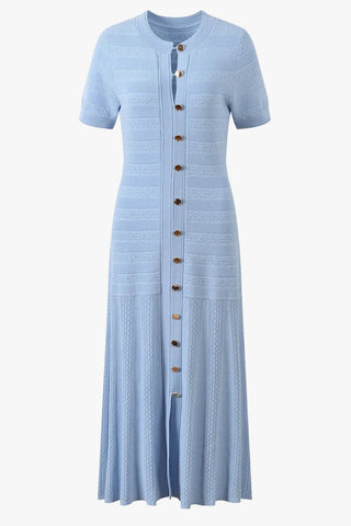 Textured Knit Button-Front Long Dress with Short Sleeves
