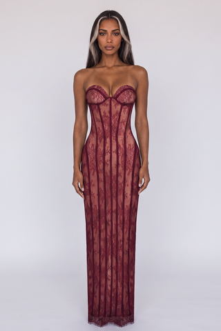 Sheer Lace Corset Strapless Long Dress with Lace-Up Back