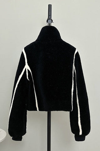 Plush Teddy Shearling Contrast Trim High-Neck Cropped Jacket
