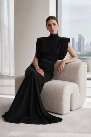 High-Neck Draped Shoulder Long Dress with Belt