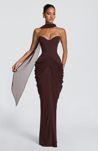 Strapless Corset Draped Long Dress with Ruched Hip Detail