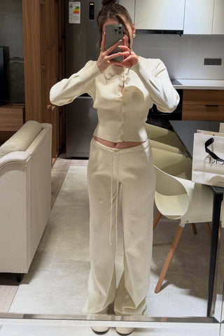 Ribbed Knit Two-Piece Lounge Set – Button Cardigan & Wide-Leg Pants