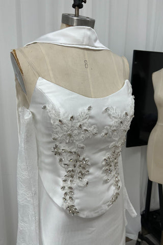 Embellished Satin Corset Mini Dress with Lace Gloves & Scarf