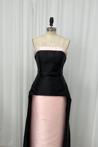 Strapless Satin Peplum Long Dress with Contrast Panel