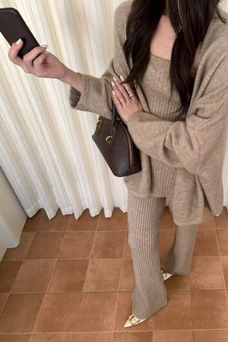 Comfy Ribbed Knit Three-Piece Cardigan, Top & Wide-Leg Pants Set
