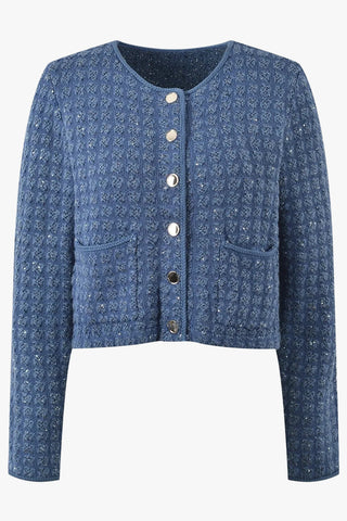 Chic Textured Cropped Jacket – Button Front, Long Sleeve, Round Neck
