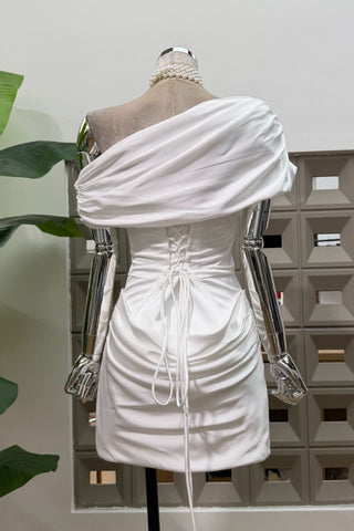 Satin Draped Off-Shoulder Sleeveless Mini Dress with Lace-Up Back
