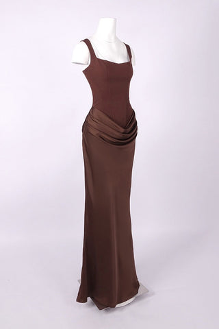 Structured Corset Draped Bodycon Long Dress with Wide Straps