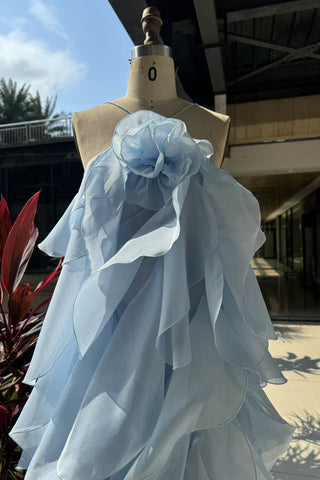 Floral Ruffle Organza Long Dress with Halter Neck