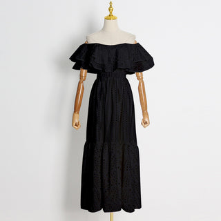 Embroidered Off Shoulder Ruffled Long Dress