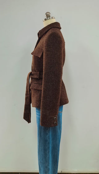 Textured Tweed Long Sleeve Belted Peplum Blazer