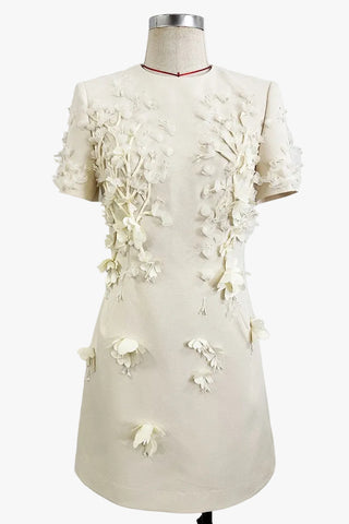 Floral Appliqué Mini Dress – Short Sleeve with Structured Fit