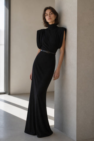 High-Neck Draped Shoulder Long Dress with Belt
