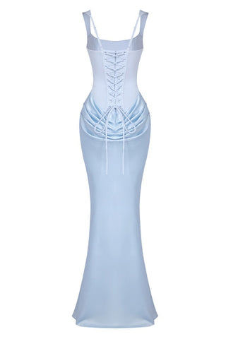 Romantic Sleeveless Corset Long Dress with Draped Waist & Lace-Up Back
