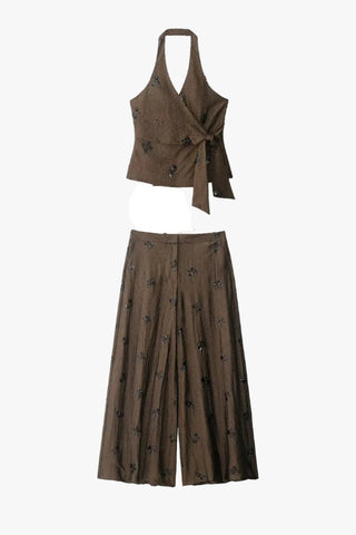 Sequin Detail Halter Top & Wide Leg Pants Set