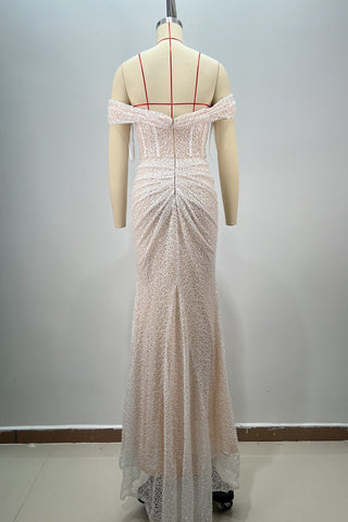 Off-Shoulder Sequin Draped & Ruched Long Evening Dress