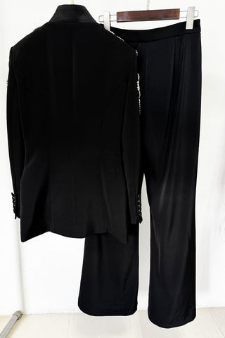 Crystal Embellished Tailored Blazer and Wide-Leg Pants Set – Long Sleeve Formal Suit