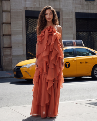 Floral Ruffle Organza Long Dress with Halter Neck
