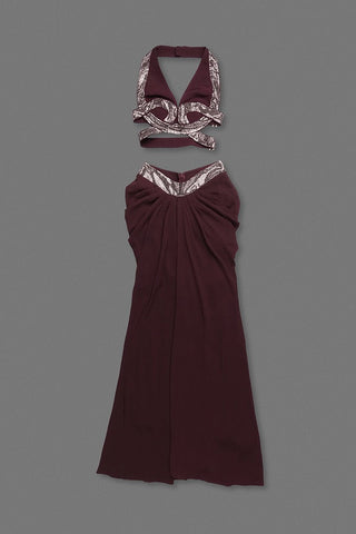 Crystal Embellished Halter Cutout Crop Top & Draped High-Waist Long Skirt Set