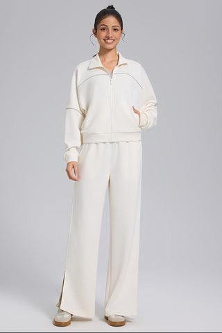 Relaxed Fit Zip-Up Jacket and Wide Leg Pants Set