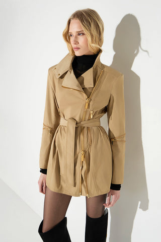 Belted Zip-Detail Long Trench Jacket