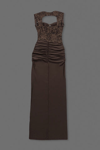 Lace Corset Draped Bodycon Long Dress with Cap Sleeves