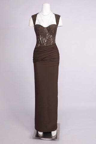 Lace Corset Draped Bodycon Long Dress with Cap Sleeves