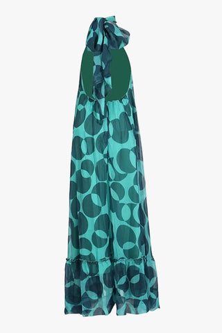 Sleeveless Halter Neck Open-Back Printed Chiffon Long Dress with Ruffle Hem
