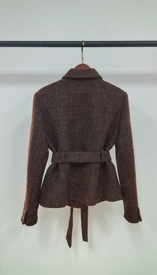 Textured Tweed Long Sleeve Belted Peplum Blazer