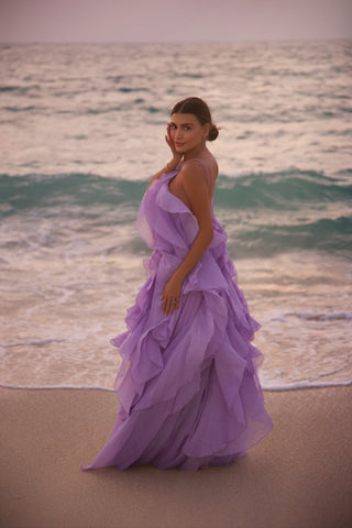 Floral Ruffle Organza Long Dress with Halter Neck