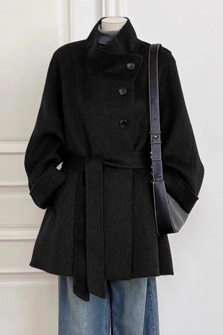 Belted Wool-Blend Coat with High Collar, Button Closure, and Relaxed Fit