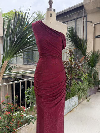 One-Shoulder Shimmer Mesh Long Evening Dress
