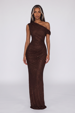One-Shoulder Shimmer Mesh Long Evening Dress
