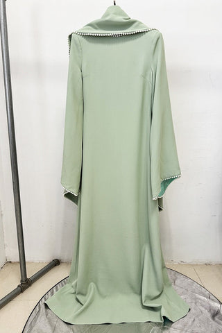 Pearl Trim Minimal Design Dress – Chiffon Material, Long Flared Sleeves